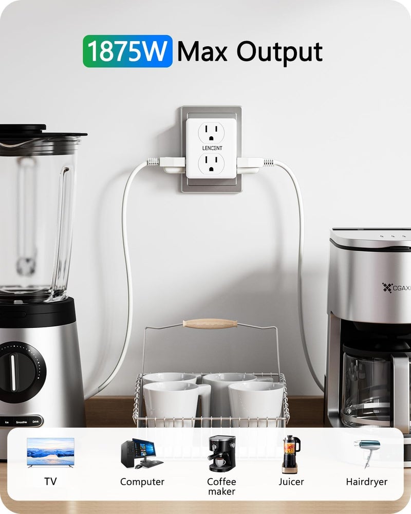 Lencent 2 to 3 Prong Outlet Adapter, 2 Prong Power Strip, 6 Widely Spaced Outlets Extender, 3-Sided Wall Plug Splitter, 1875W Max, Compact Wall tap for Non-Grounded Outlets in Old House Hotel Dorm - Image 5